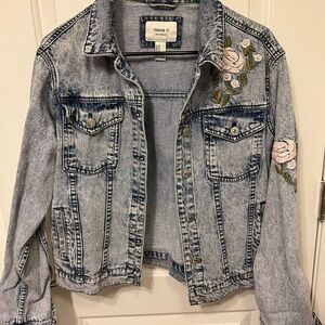 Forever 21 Blue Denim Jacket with Floral Embroidery